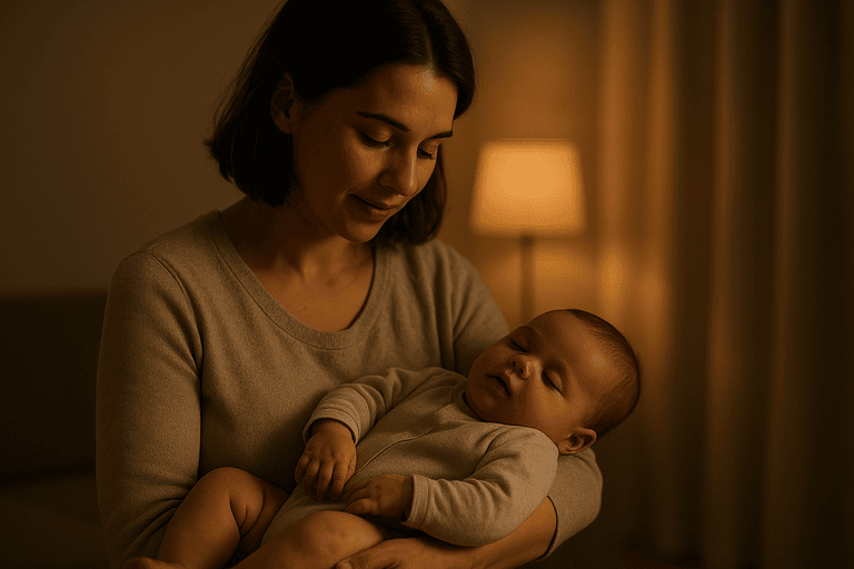 Anne bebeğini kucağında hafifçe sallarken