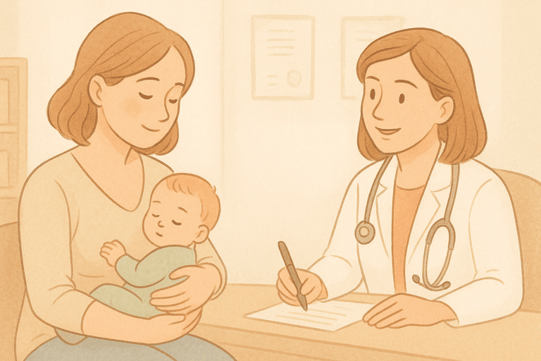 Doktor muayenehanesinde anne ve bebek